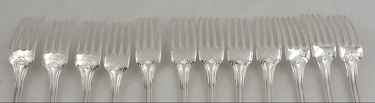 Christofle Vendôme, Coquille, ménagère set de 37 pièces en métal argenté, en excellent état.-photo-4