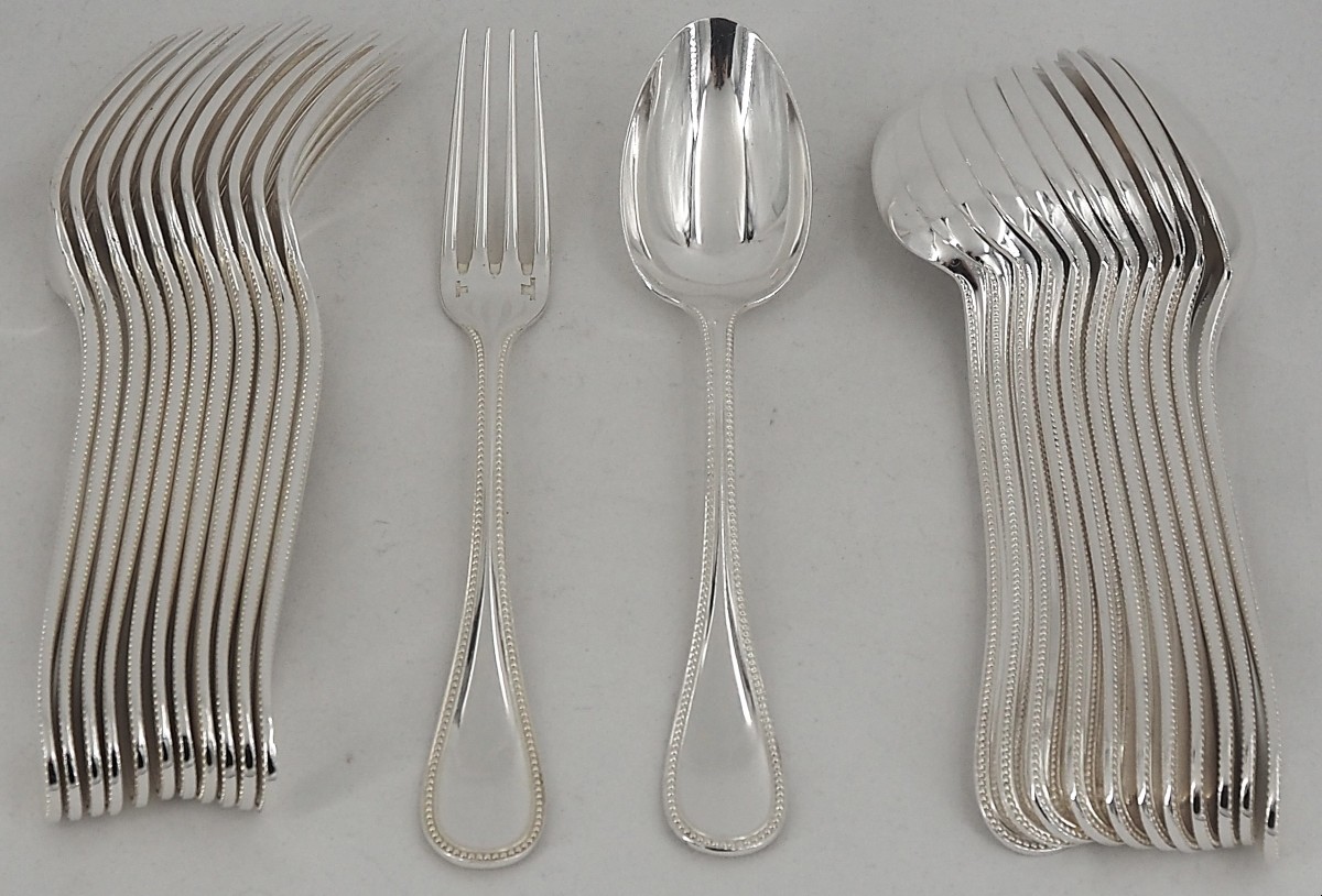 Christofle Perles Model, 12 Table Settings, 24 Pieces, Silver-plated Metal, Excellent Condition.-photo-2