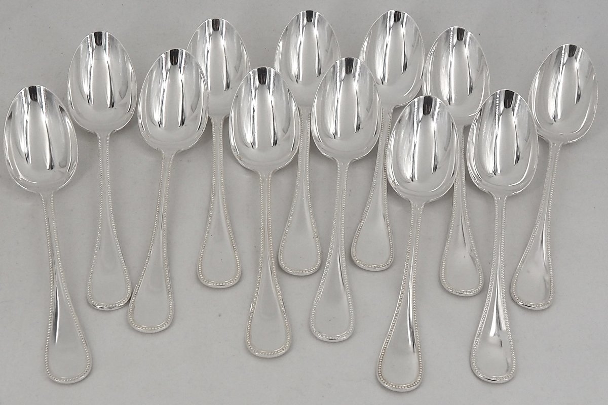 Christofle Perles Model, 12 Table Settings, 24 Pieces, Silver-plated Metal, Excellent Condition.-photo-3