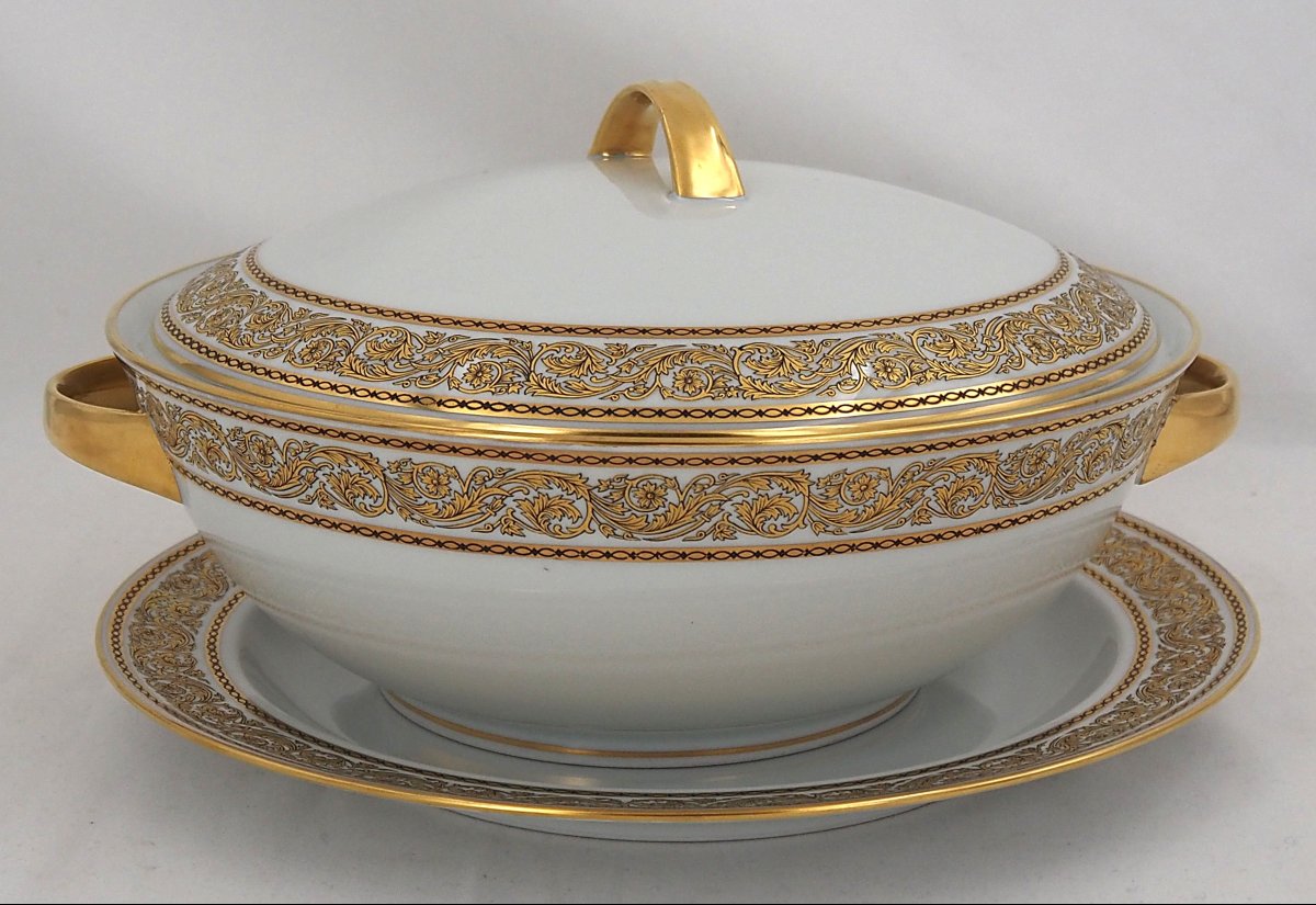 Bernardaud, porcelaine Limoges modèle Chinon, soupière/légumier + plat rond, parfait état.-photo-2