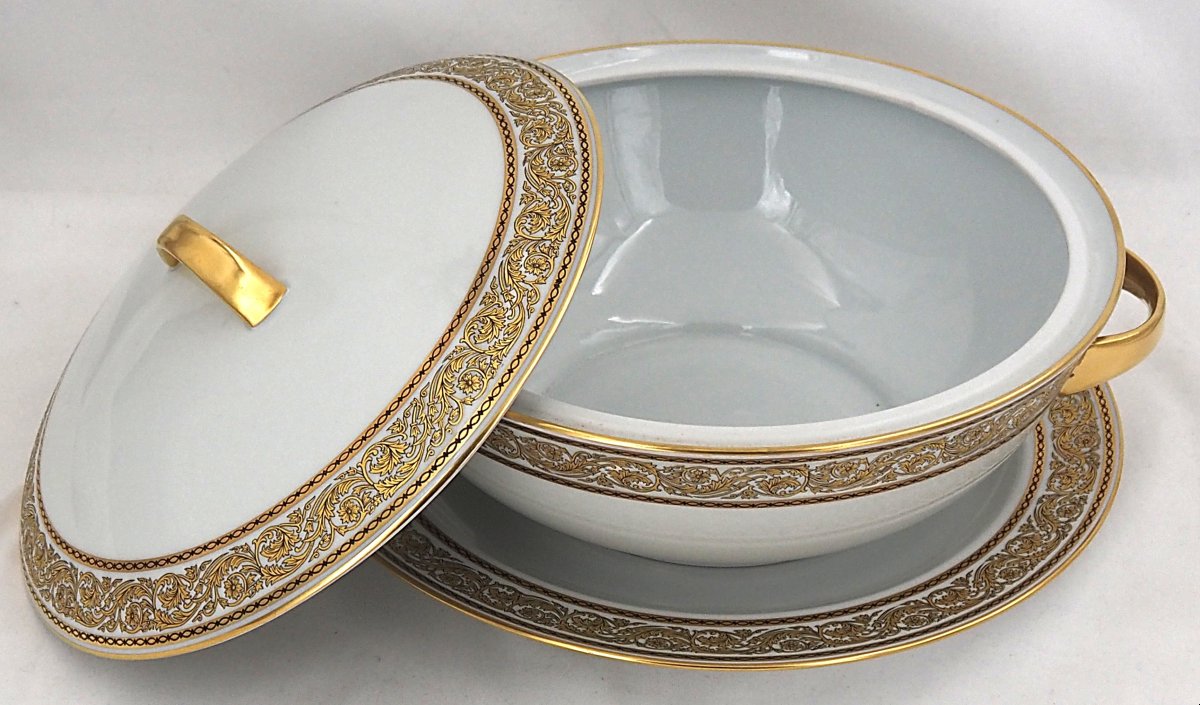 Bernardaud, porcelaine Limoges modèle Chinon, soupière/légumier + plat rond, parfait état.-photo-2