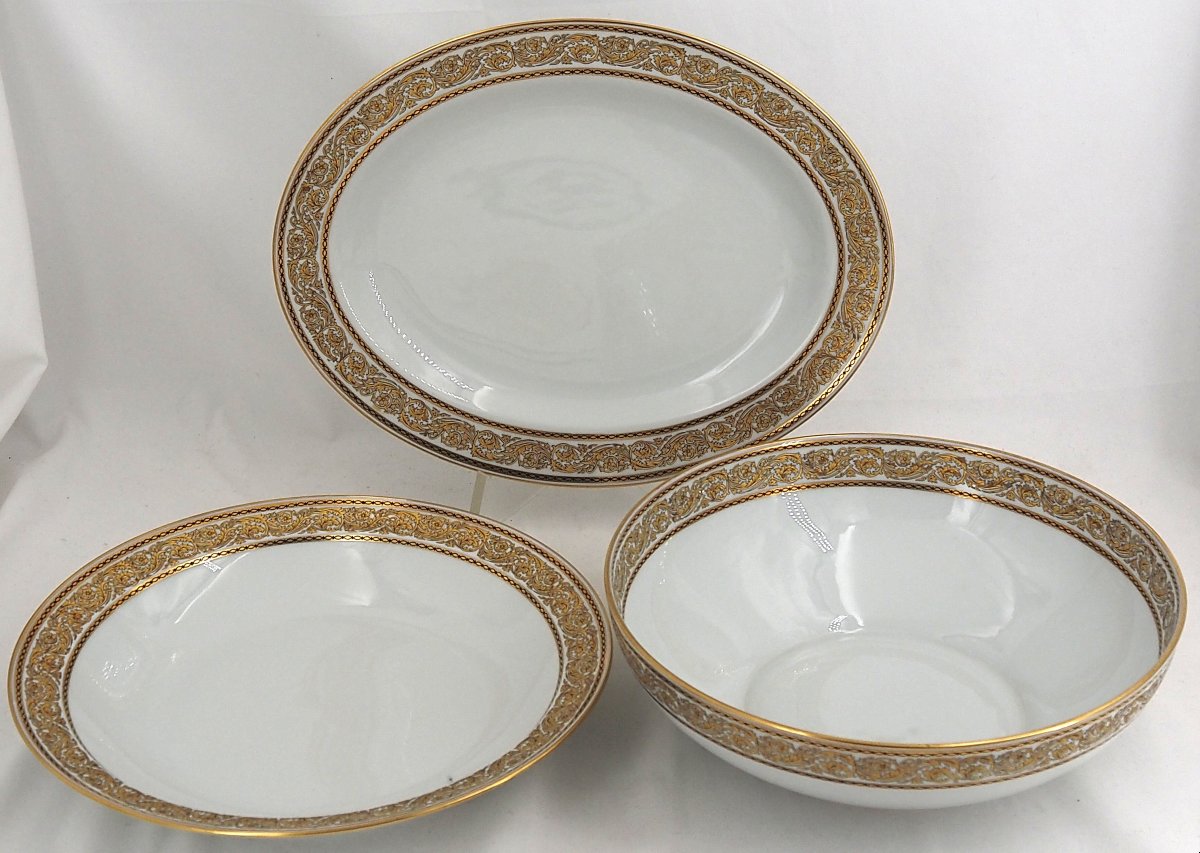 Bernardaud, porcelaine Limoges modèle Chinon, 2 plats + 1 saladier, parfait état.-photo-2