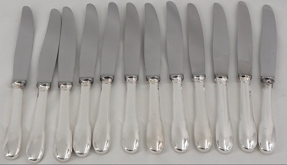 Christofle Cluny Pattern, 12 Silver-plated Table Knives, In Excellent Condition.-photo-2