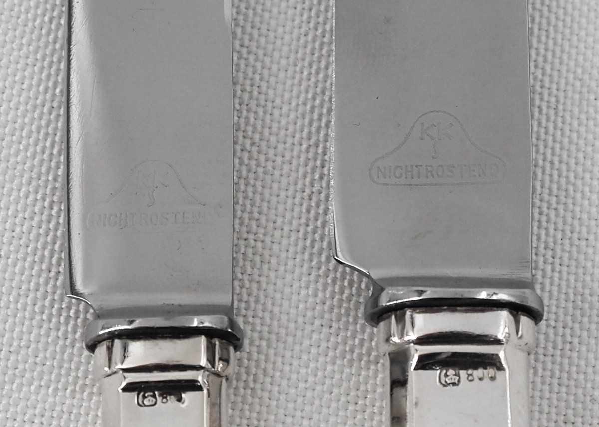 12 couteaux Art Déco argent massif allemand, 6 couteaux de table + 6 couteaux à entremets.-photo-1