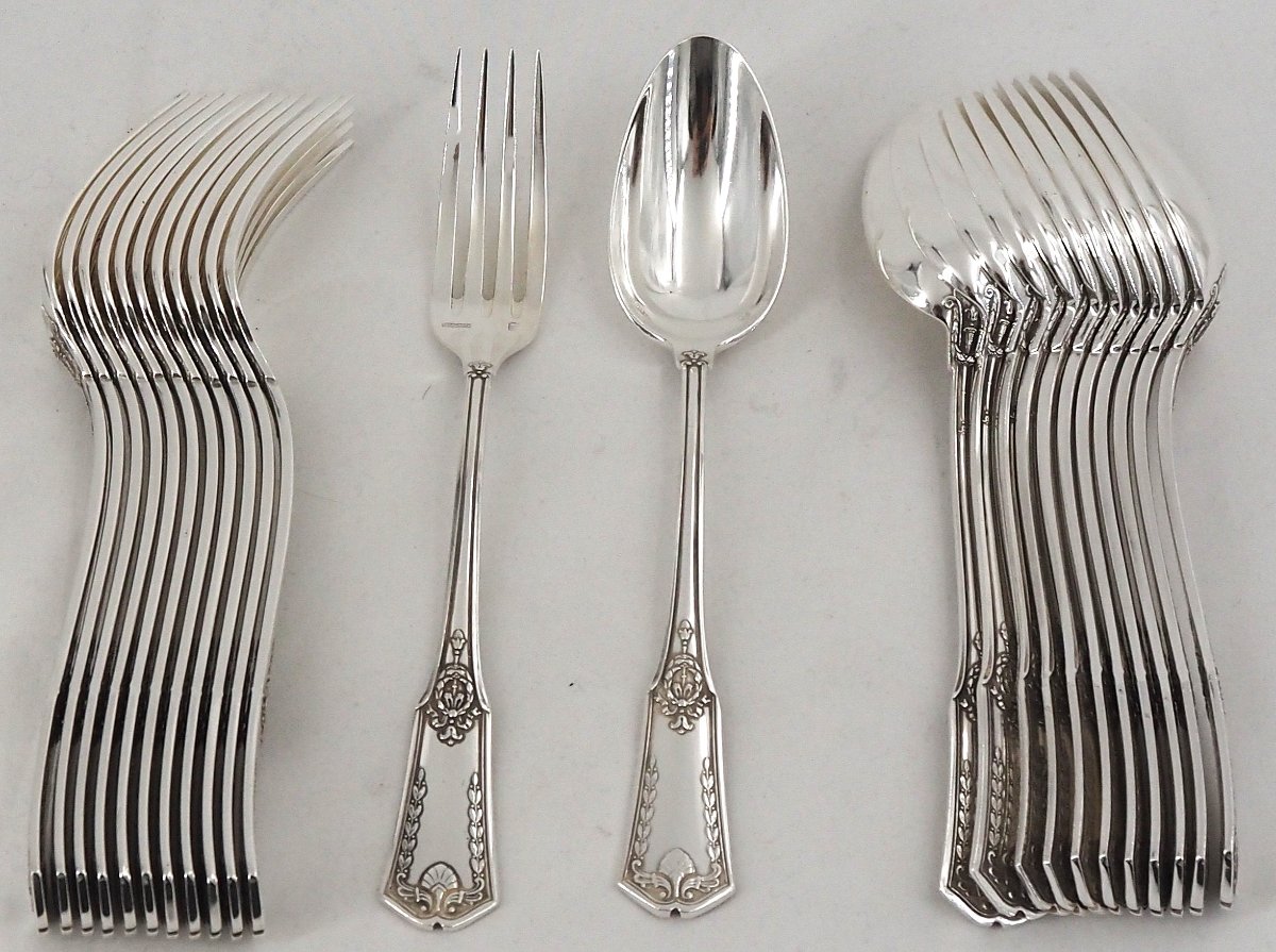 Perrin, Sfam, Sans Gêne Model, 12 Entremets Cutlery, Dessert, 24 Pieces, Silver-plated Metal.-photo-2