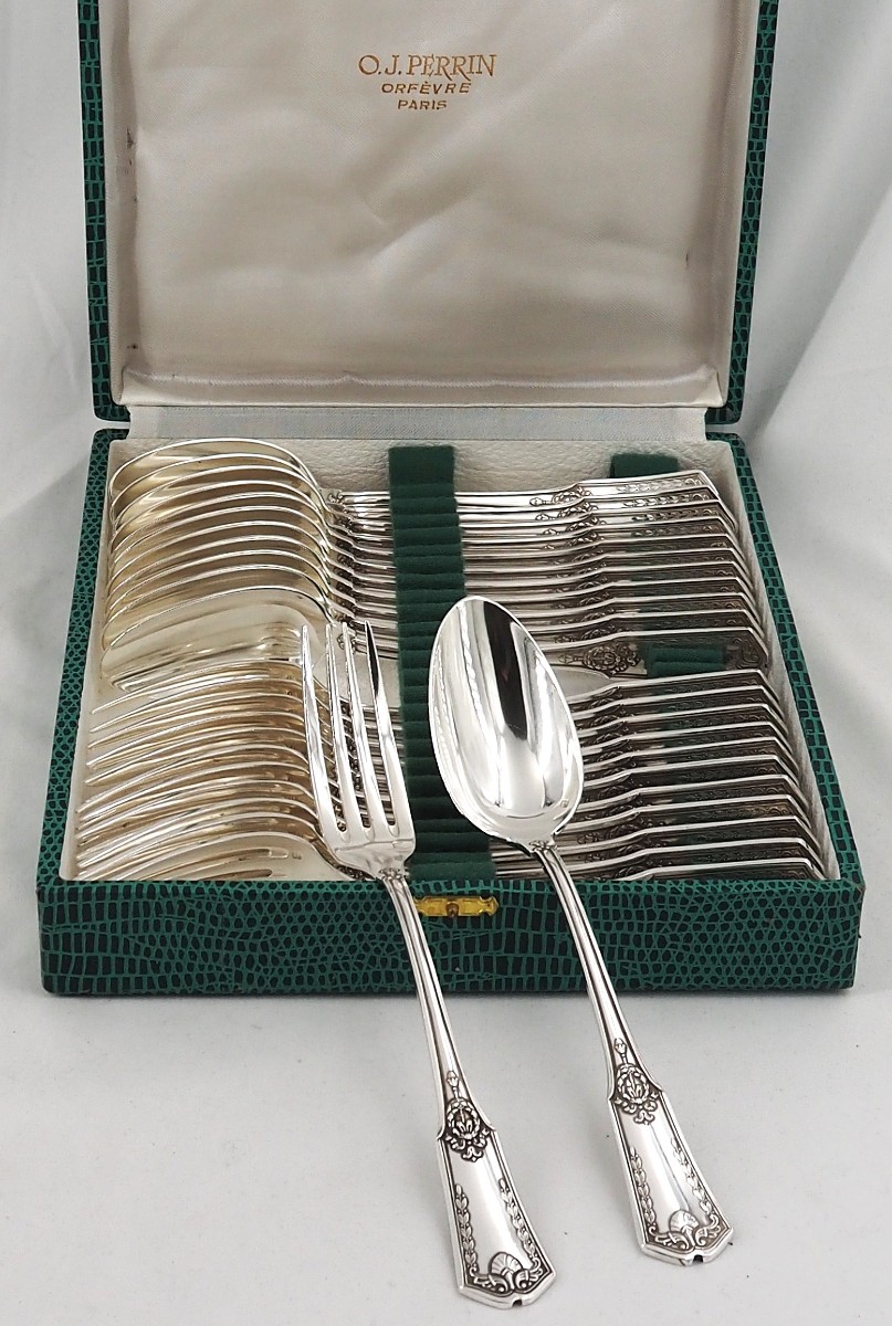 Perrin, Sfam, Sans Gêne Model, 12 Entremets Cutlery, Dessert, 24 Pieces, Silver-plated Metal.