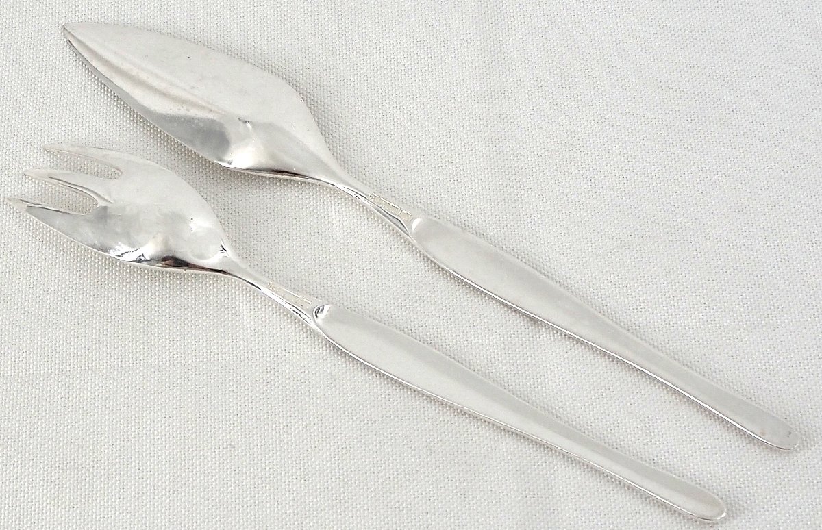 Christofle modèle Duo, Tapio Wirkkala, 12 couverts à poisson, 24 pièces en métal argenté.-photo-3