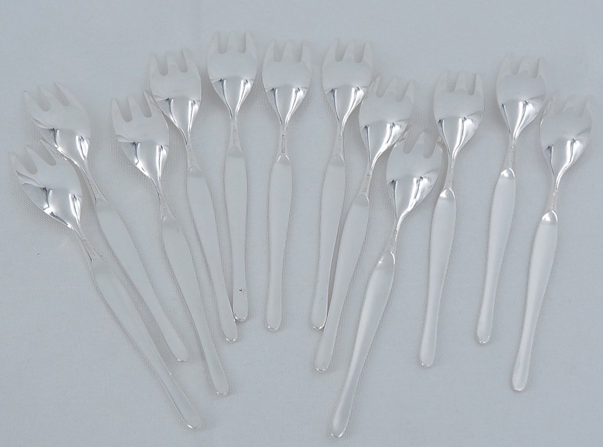 Christofle modèle Duo, Tapio Wirkkala, 12 couverts à poisson, 24 pièces en métal argenté.-photo-4