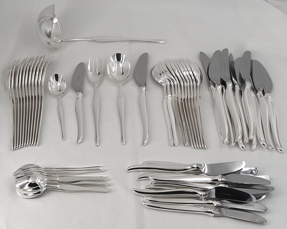 Christofle 61-piece Cutlery Set, Duo Model, Tapio Wirkkala, With Silver-plated Metal Knives.-photo-2
