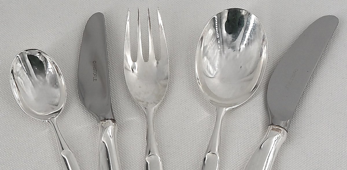 Christofle 61-piece Cutlery Set, Duo Model, Tapio Wirkkala, With Silver-plated Metal Knives.-photo-4