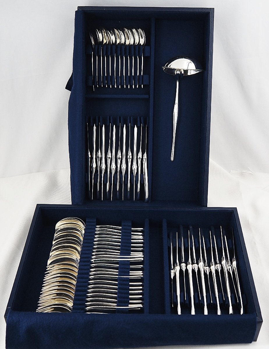 Christofle 61-piece Cutlery Set, Duo Model, Tapio Wirkkala, With Silver-plated Metal Knives.-photo-7