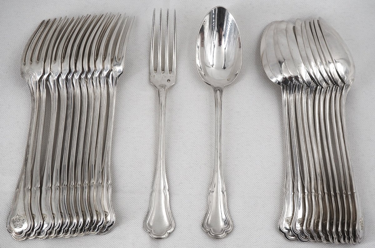 Pierre Queillé, 12 couverts à entremets, dessert, argent Minerve, 24 pièces, couronne.-photo-2