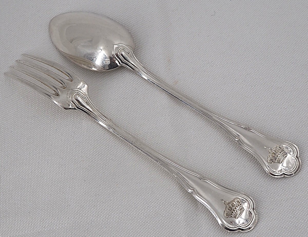 Pierre Queillé, 12 couverts à entremets, dessert, argent Minerve, 24 pièces, couronne.-photo-3