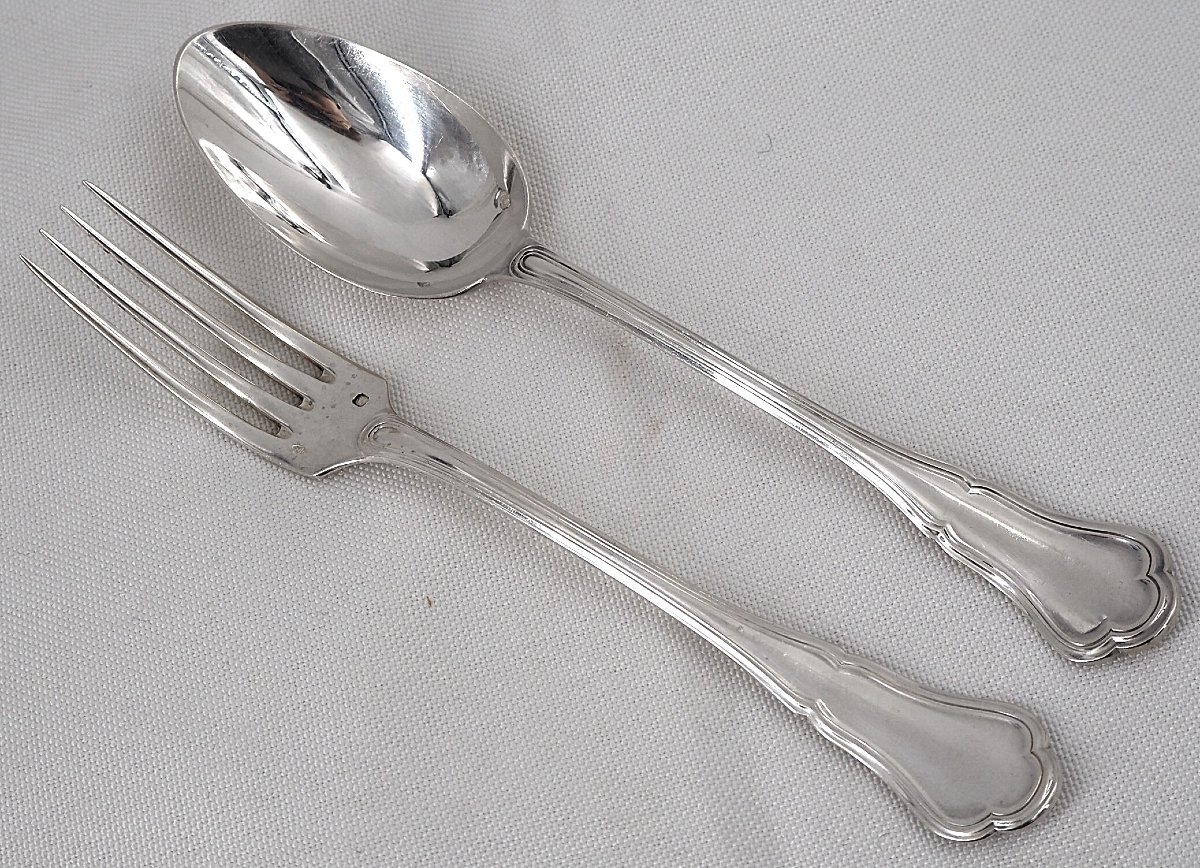 Pierre Queillé, 12 couverts à entremets, dessert, argent Minerve, 24 pièces, couronne.-photo-1