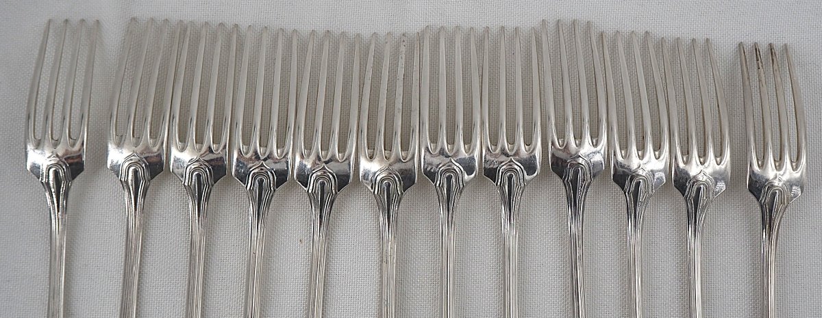 Pierre Queillé, 12 couverts à entremets, dessert, argent Minerve, 24 pièces, couronne.-photo-2