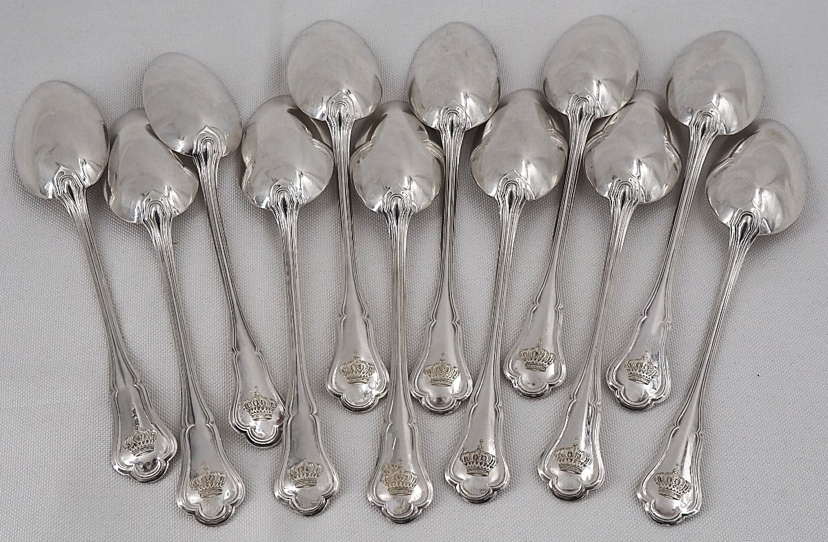Pierre Queillé, 12 couverts à entremets, dessert, argent Minerve, 24 pièces, couronne.-photo-3