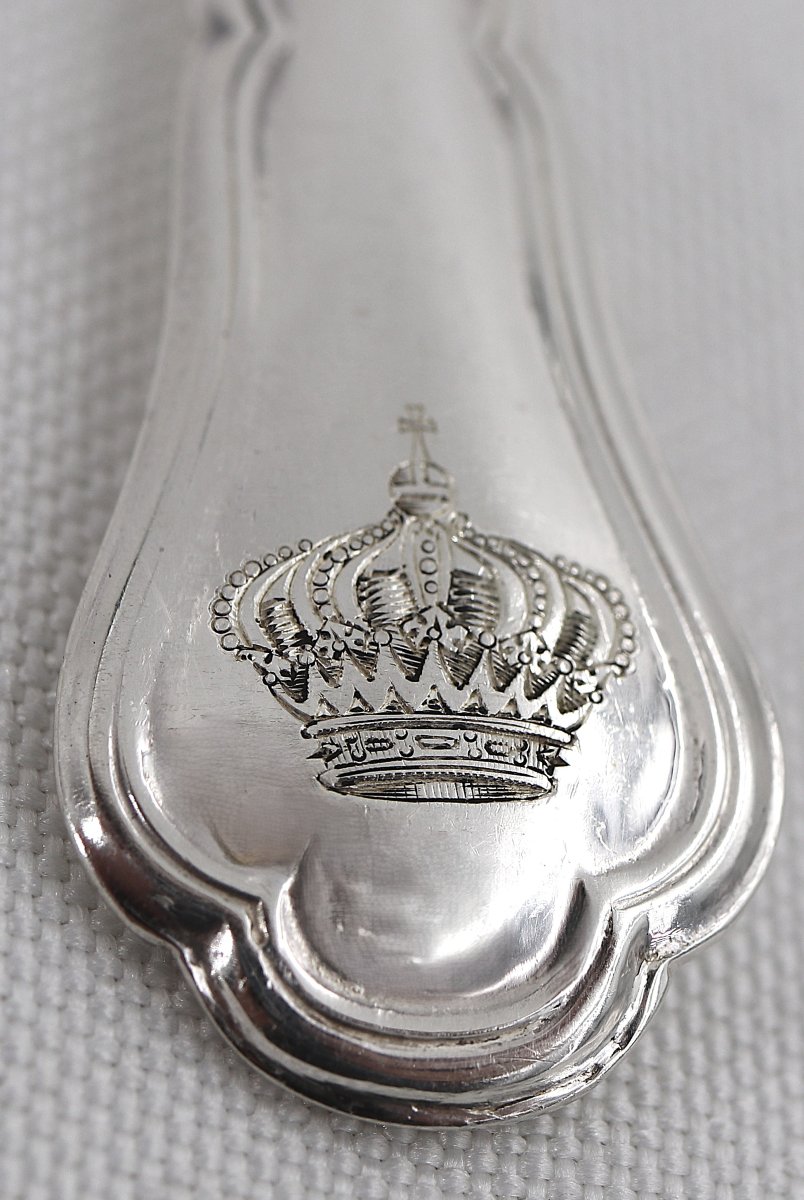 Pierre Queillé, 12 couverts à entremets, dessert, argent Minerve, 24 pièces, couronne.-photo-4