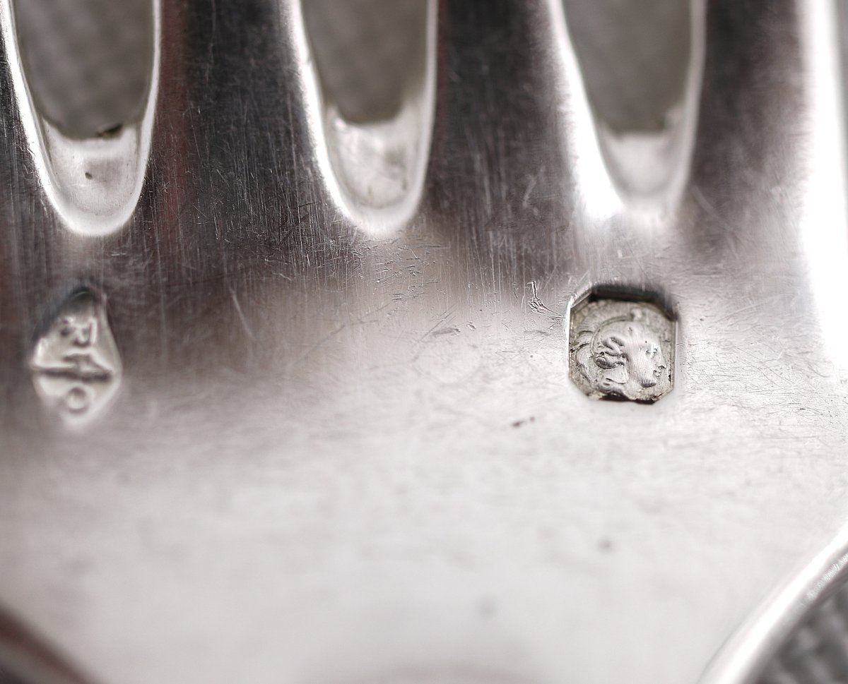 Pierre Queillé, 12 couverts à entremets, dessert, argent Minerve, 24 pièces, couronne.-photo-5