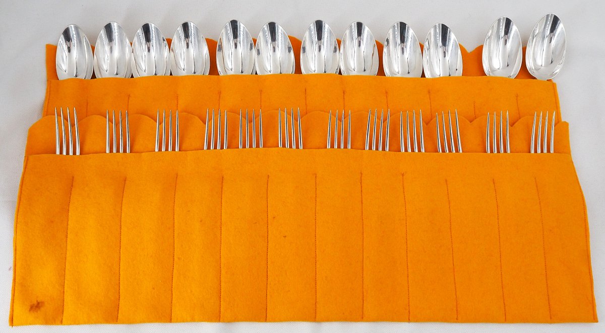 Pierre Queillé, 12 couverts à entremets, dessert, argent Minerve, 24 pièces, couronne.-photo-8