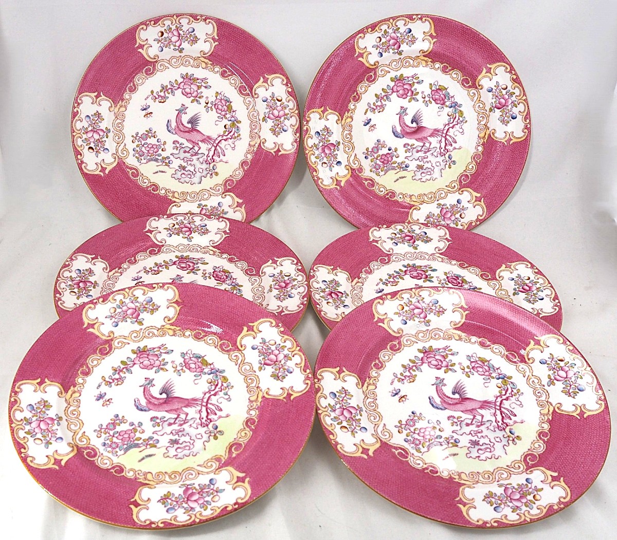 Minton Pink Cockatrice, 6 Dinner Plates, 26.7 Cm, 10 1/2".