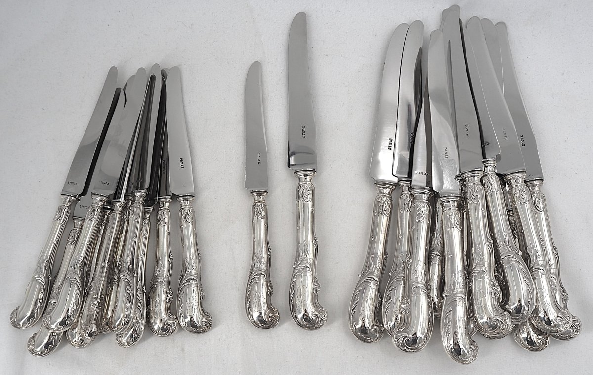 24 Minerva Silver-plated Knives: 12 Table Knives + 12 Dessert Knives, Armand Frenais, Monogrammed.-photo-2