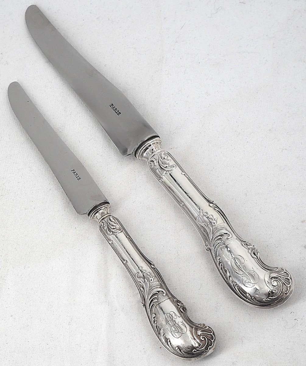 24 Minerva Silver-plated Knives: 12 Table Knives + 12 Dessert Knives, Armand Frenais, Monogrammed.-photo-3