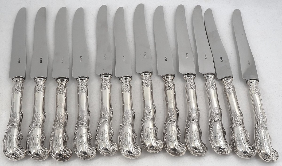 24 Minerva Silver-plated Knives: 12 Table Knives + 12 Dessert Knives, Armand Frenais, Monogrammed.-photo-1