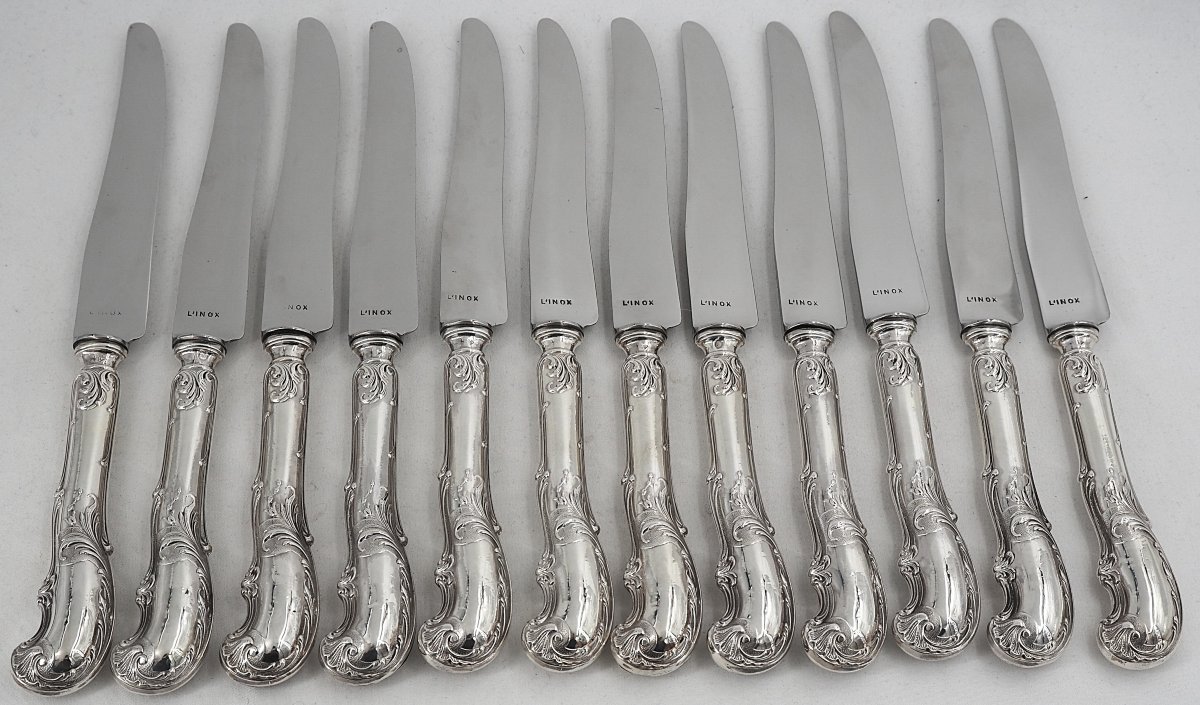 24 Minerva Silver-plated Knives: 12 Table Knives + 12 Dessert Knives, Armand Frenais, Monogrammed.-photo-3