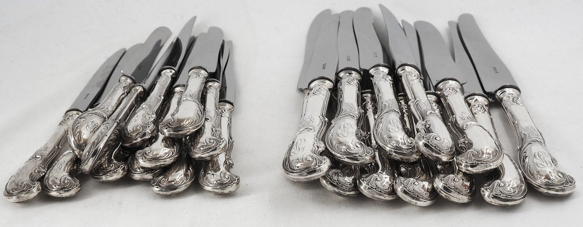 24 Minerva Silver-plated Knives: 12 Table Knives + 12 Dessert Knives, Armand Frenais, Monogrammed.-photo-7