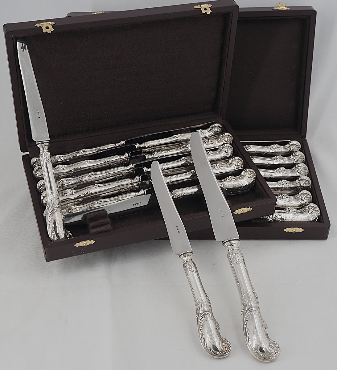 24 Minerva Silver-plated Knives: 12 Table Knives + 12 Dessert Knives, Armand Frenais, Monogrammed.