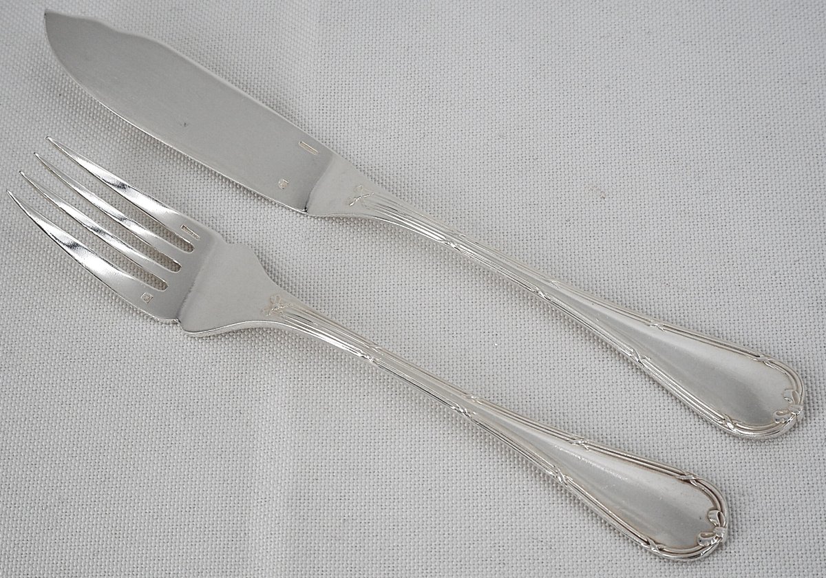 Christofle Rubans Pattern, 12 Fish Cutlery Sets, 24 Pieces, Silver-plated Metal, Excellent Condition.-photo-2