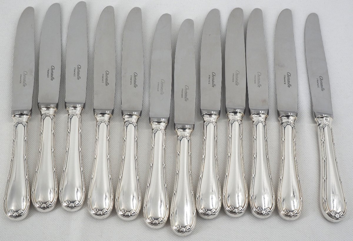 Christofle Rubans Model, 12 Entremets Knives, Dessert, Modern Handles, Near Mint Condition.-photo-1
