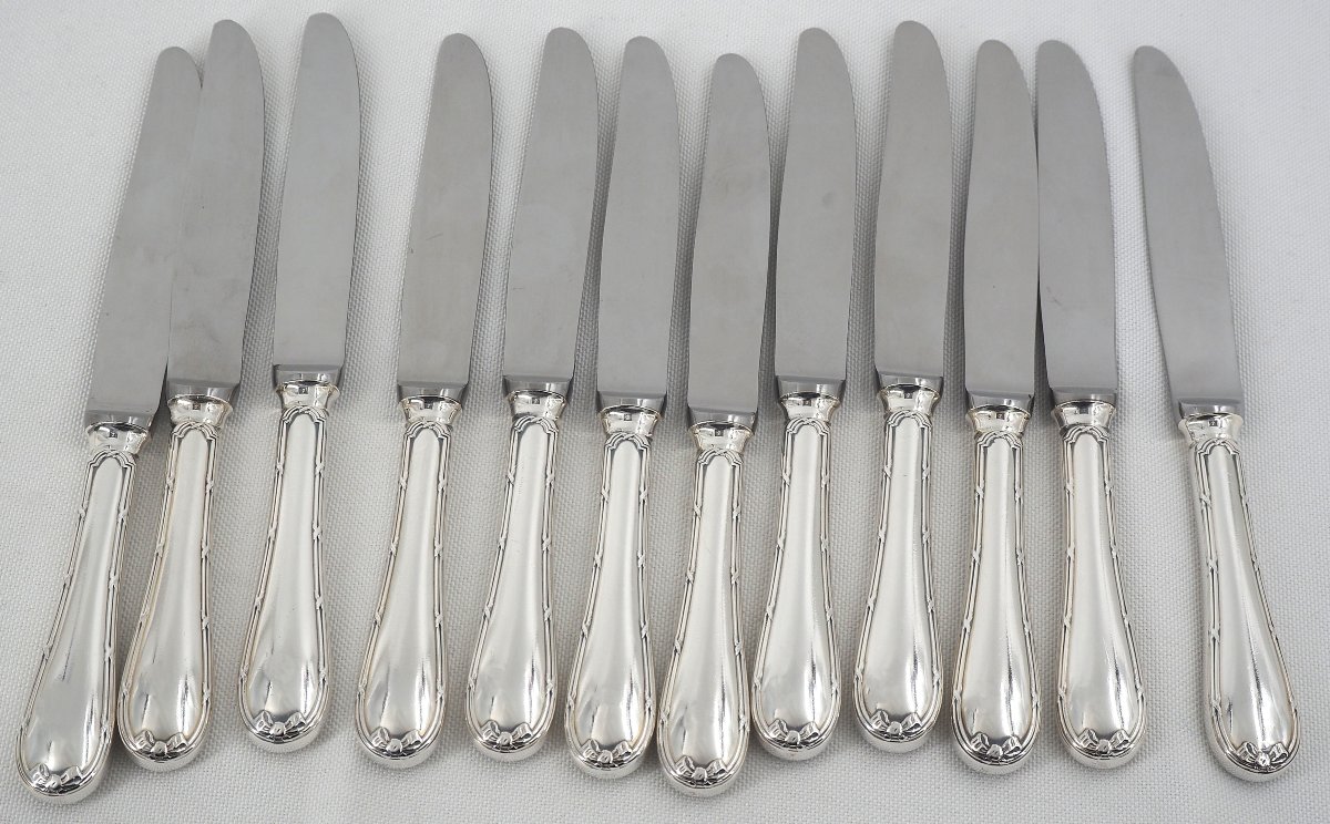 Christofle Rubans Model, 12 Entremets Knives, Dessert, Modern Handles, Near Mint Condition.-photo-4