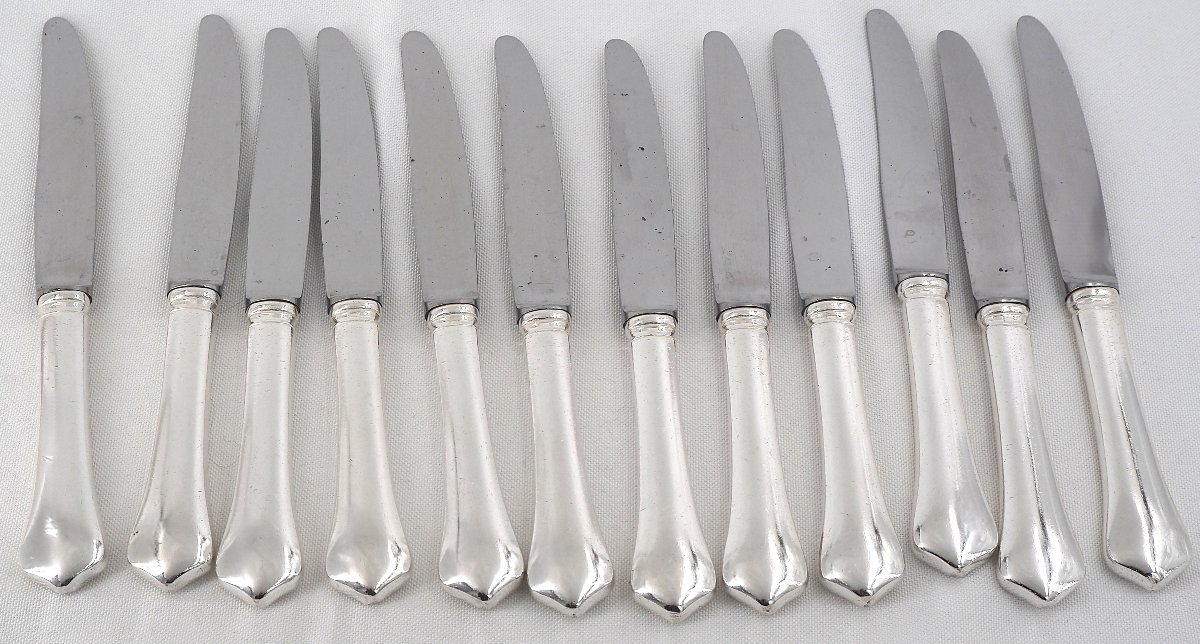 Ravinet d'Enfert, 12 couteaux de table modèle Brantome, métal argenté, très bon état.-photo-3