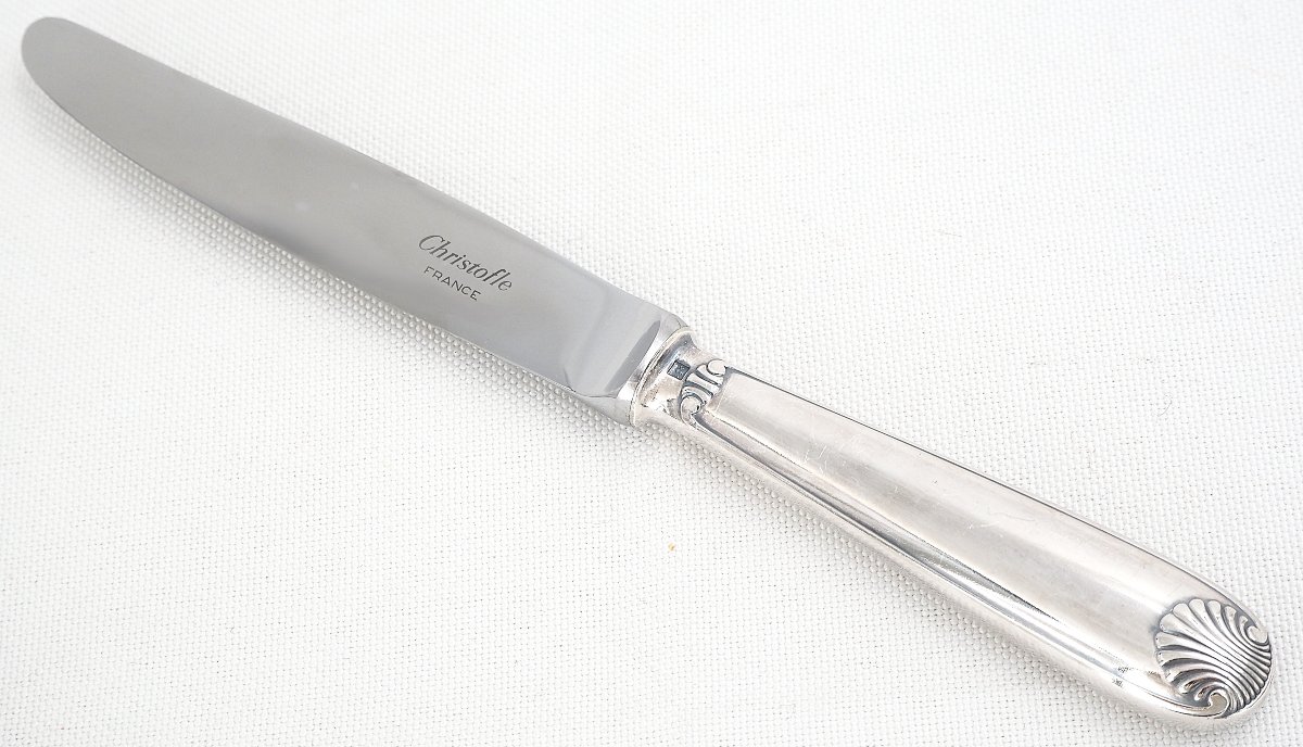 Christofle Vendôme Model, 12 Dessert Knives, Cheese Knives In Silver-plated Metal.-photo-4