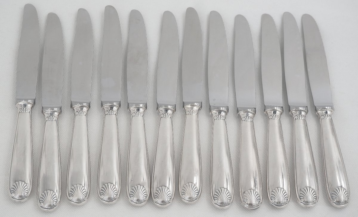 Christofle Vendôme Model, 12 Dessert Knives, Cheese Knives In Silver-plated Metal.-photo-4