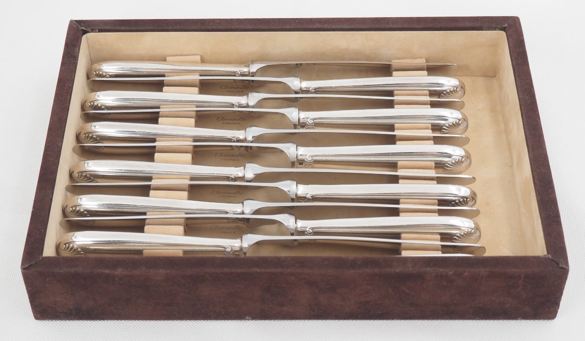 Christofle Vendôme Model, 12 Dessert Knives, Cheese Knives In Silver-plated Metal.-photo-6