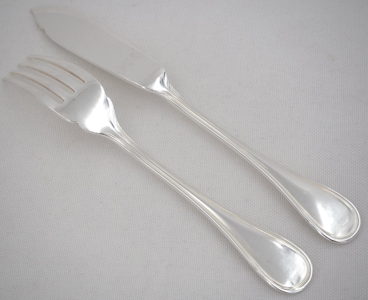 Christofle Albi Pattern, 12 Fish Cutlery Pieces, Silver-plated Metal, 24 Pieces In Perfect Condition.-photo-4
