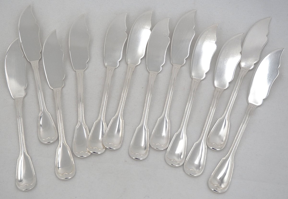 Boulenger, 12 couverts à poisson modèle au Filet, 24 pièces en métal argenté.-photo-1