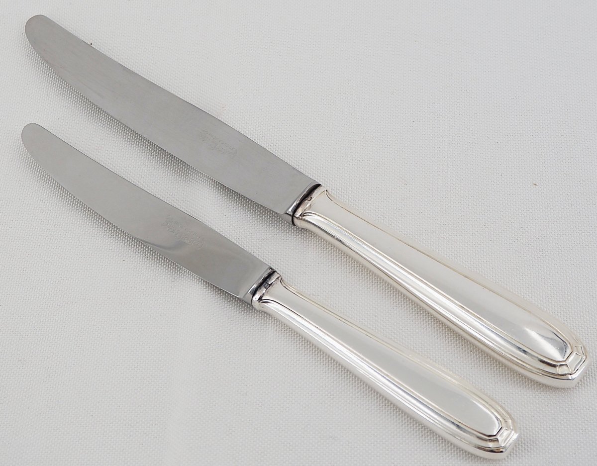 24 Silver-plated Metal Knives, Art Deco Style, 12 Table Knives + 12 Cheese, Dessert, Entremets Knives.-photo-3