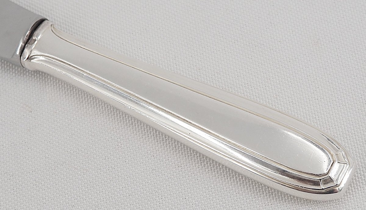 24 Silver-plated Metal Knives, Art Deco Style, 12 Table Knives + 12 Cheese, Dessert, Entremets Knives.-photo-4