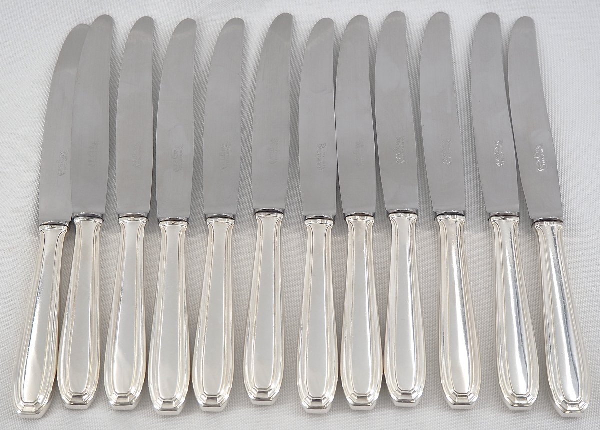 24 Silver-plated Metal Knives, Art Deco Style, 12 Table Knives + 12 Cheese, Dessert, Entremets Knives.-photo-1