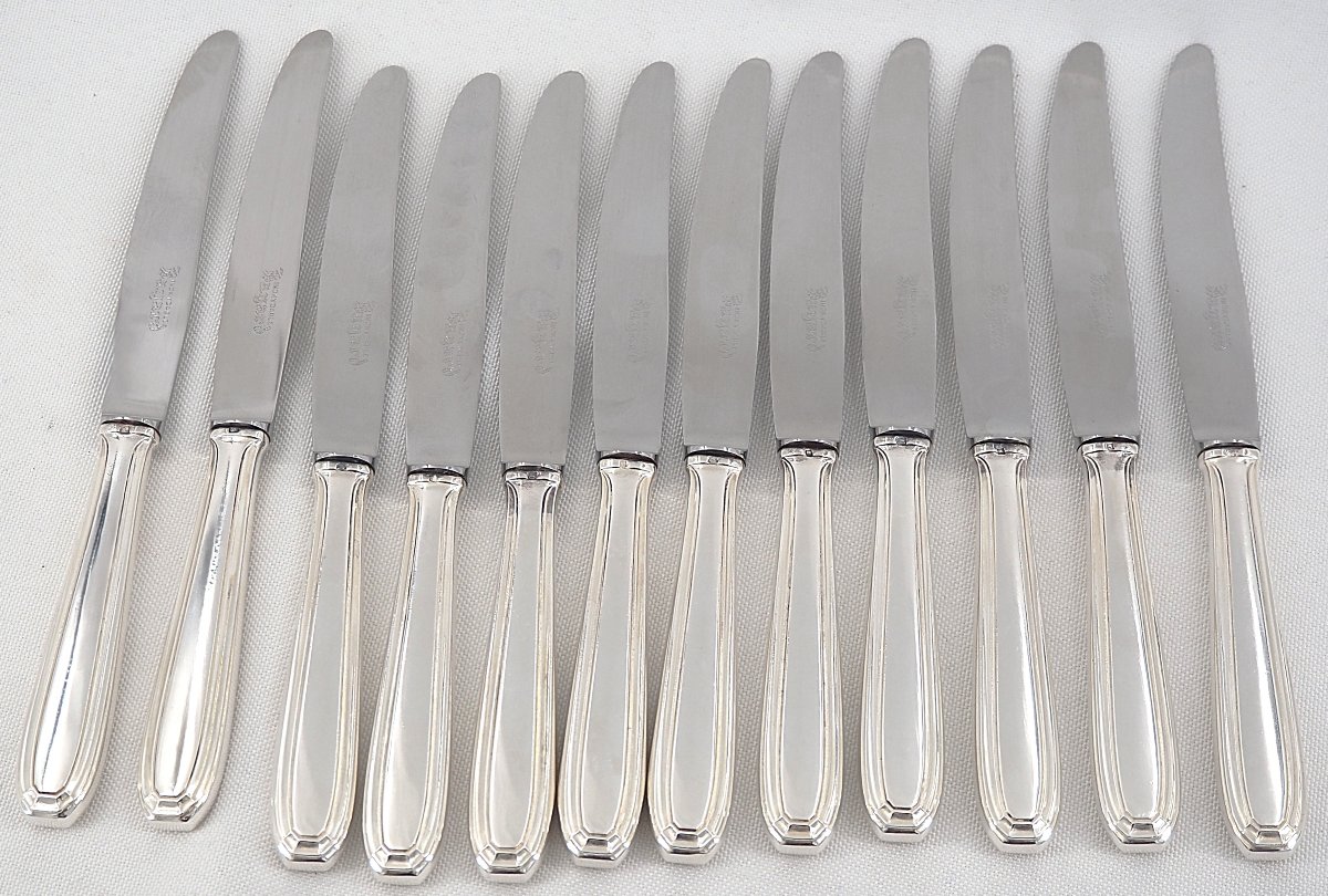 24 Silver-plated Metal Knives, Art Deco Style, 12 Table Knives + 12 Cheese, Dessert, Entremets Knives.-photo-4