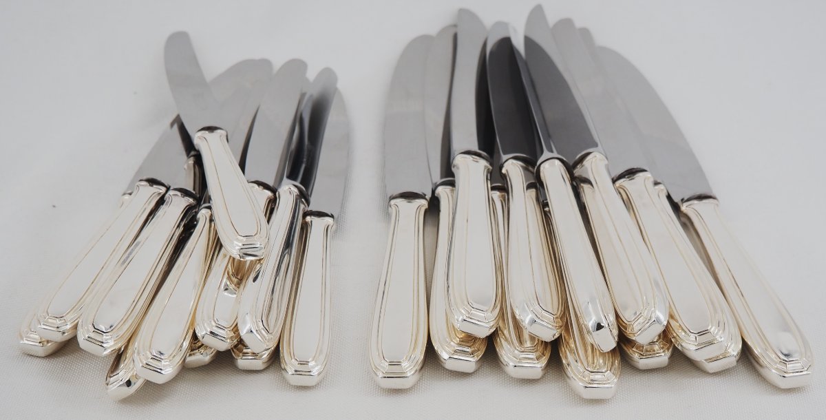 24 Silver-plated Metal Knives, Art Deco Style, 12 Table Knives + 12 Cheese, Dessert, Entremets Knives.-photo-5
