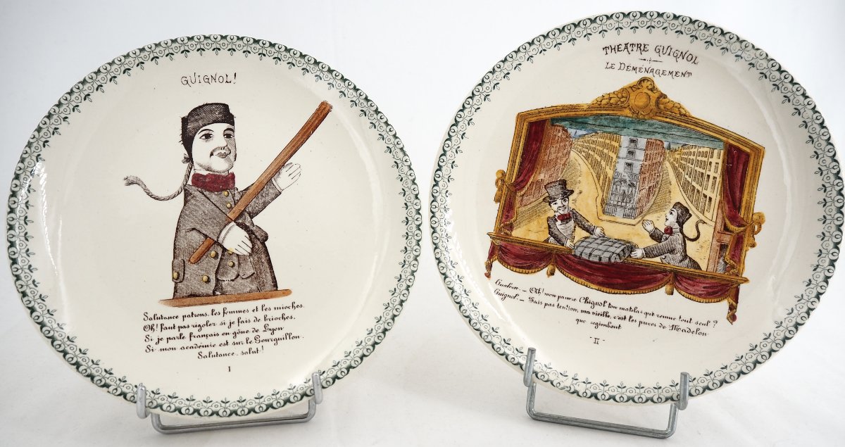 10 Talking Guignol Dessert Plates, Choisy Le Roi, 19th Century, Polychrome, 20 Cm.-photo-2