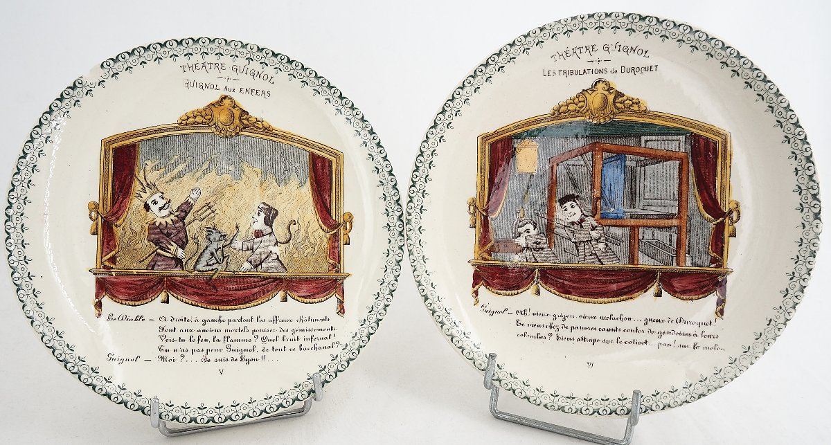 10 Talking Guignol Dessert Plates, Choisy Le Roi, 19th Century, Polychrome, 20 Cm.-photo-4