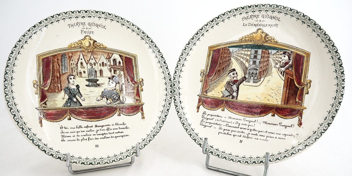 10 Talking Guignol Dessert Plates, Choisy Le Roi, 19th Century, Polychrome, 20 Cm.-photo-1