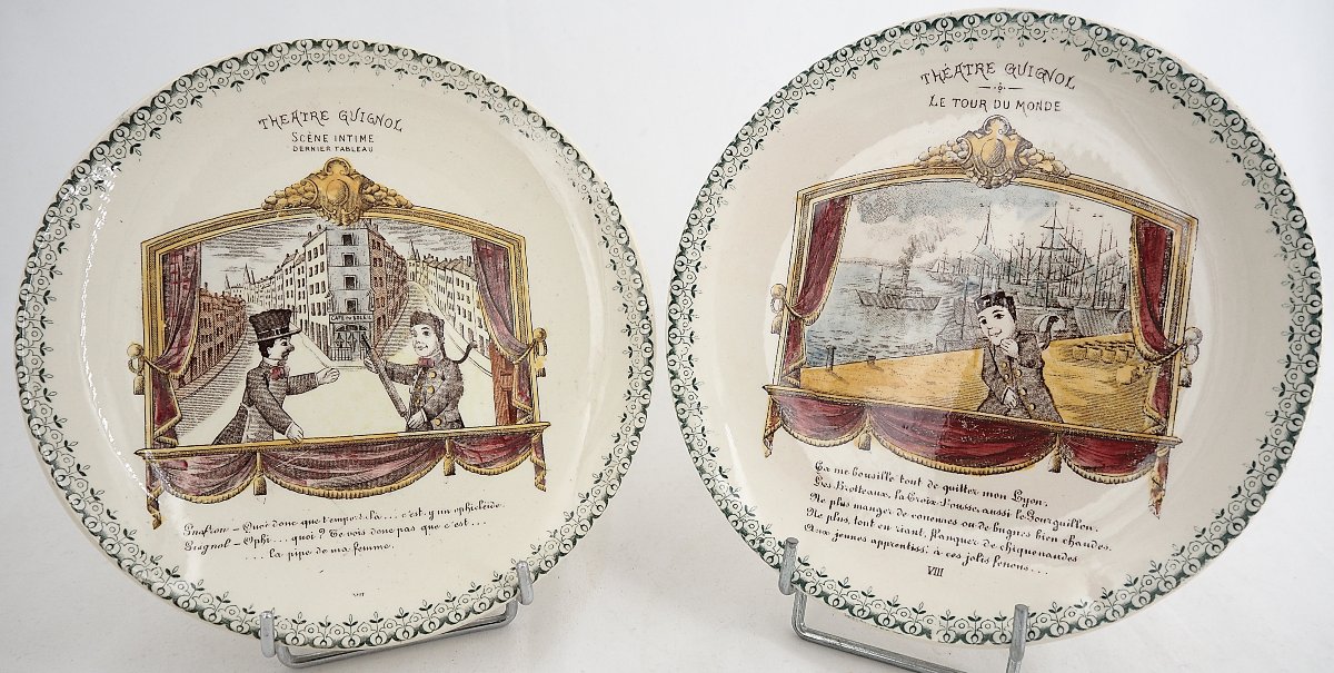 10 Talking Guignol Dessert Plates, Choisy Le Roi, 19th Century, Polychrome, 20 Cm.-photo-2