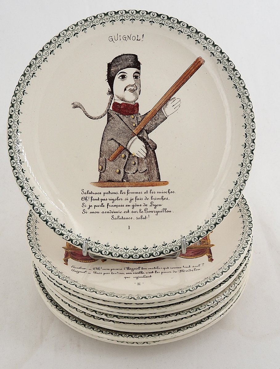 10 Talking Guignol Dessert Plates, Choisy Le Roi, 19th Century, Polychrome, 20 Cm.-photo-4