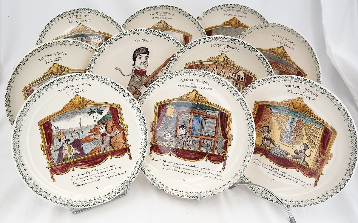 10 Talking Guignol Dessert Plates, Choisy Le Roi, 19th Century, Polychrome, 20 Cm.